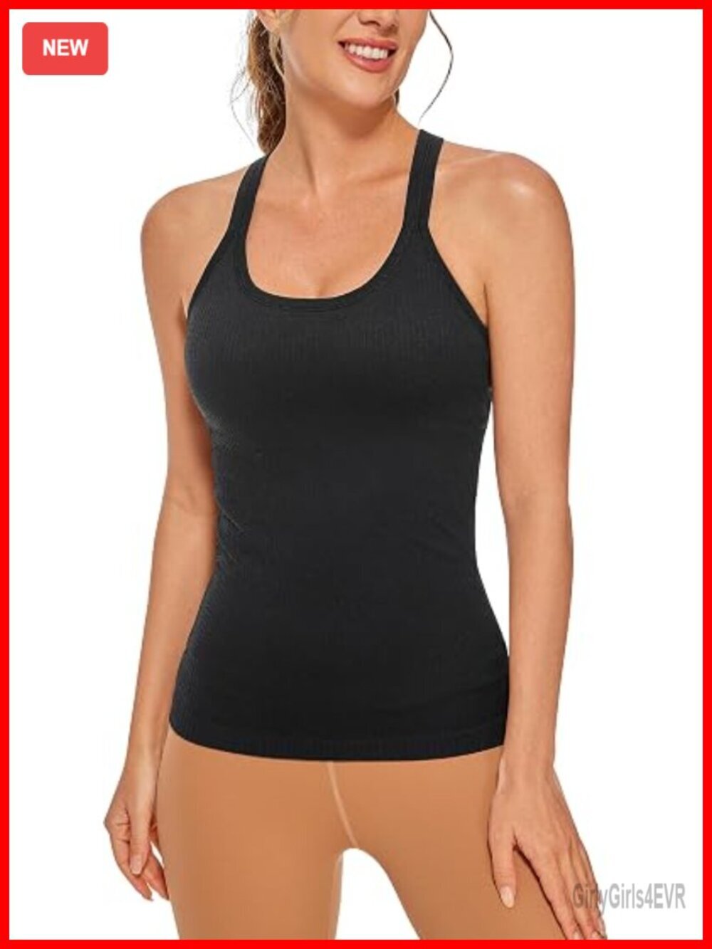 Seamless Ribbed Racerback Tank with Built-in Bra, Scoop Neck, Moisture-Wick